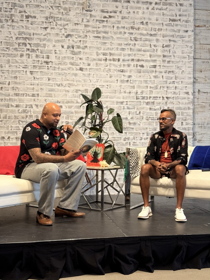 jeewan chanicka in conversation on stage at the book launch